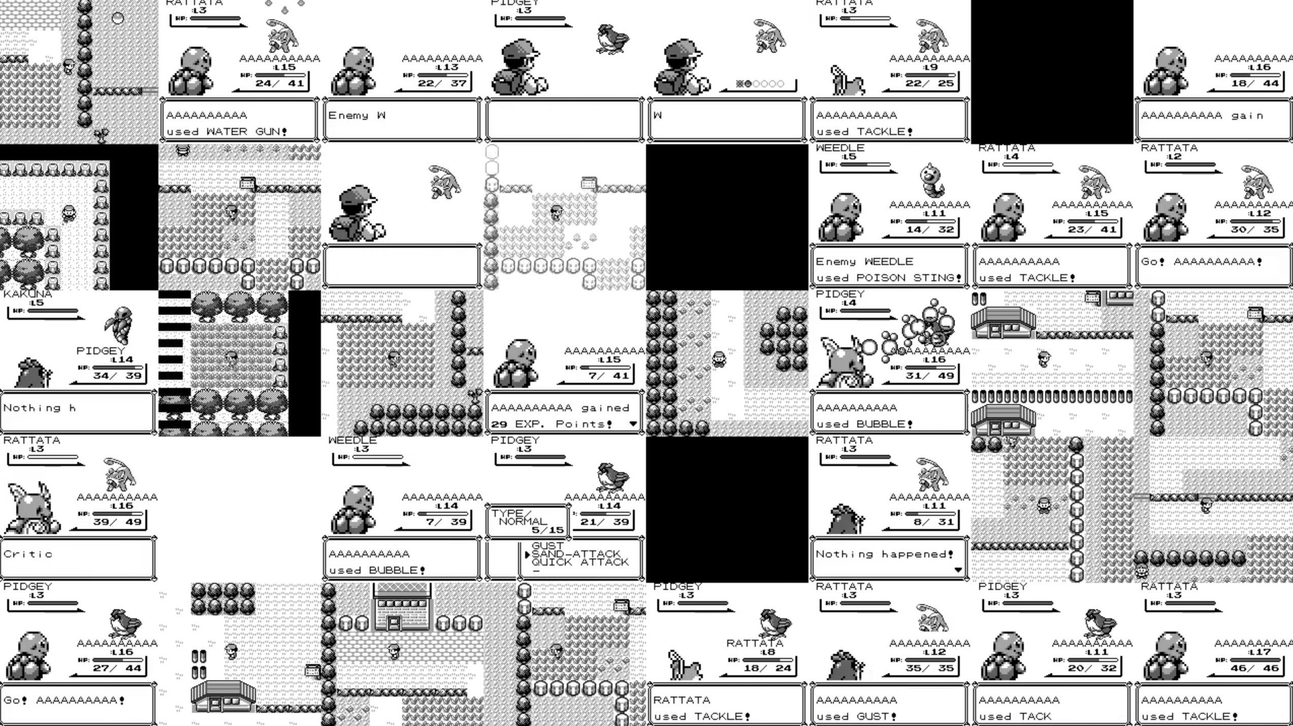 PokemonRedExperiments 训练中的多帧游戏画面拼图。可以看到野外探索、战斗、菜单和对话等状态混在一起，这正是宝可梦比 Atari Pong 更难建模的地方（来源：PWhiddy/PokemonRedExperiments assets/grid.png）