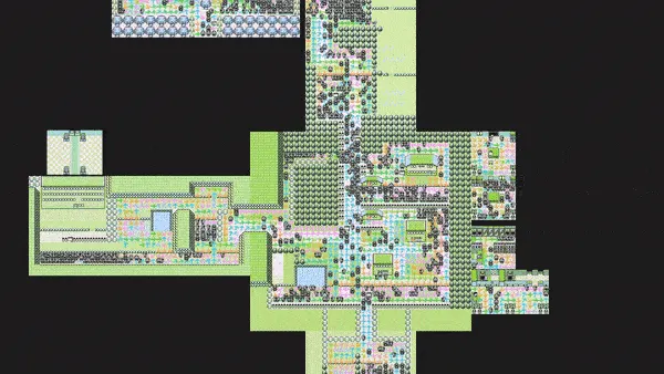 PokemonRedExperiments 中 agent 探索过的地图拼接。黑色区域是尚未覆盖或不可达区域，彩色区域显示训练过程中逐步扩展的可访问地图（来源：PWhiddy/PokemonRedExperiments assets/poke_map.gif）