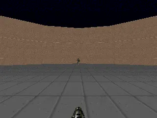 ViZDoom DefendCenter 场景：智能体站在中心转向射击，动作集合比真实 FPS 更受控（来源：ViZDoom 官方环境文档）